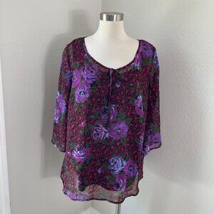 Isaac Mizrahi Live! Womens Plus 1X Floral Blouse Purple Red 3/4 Sleeve Shirt Top